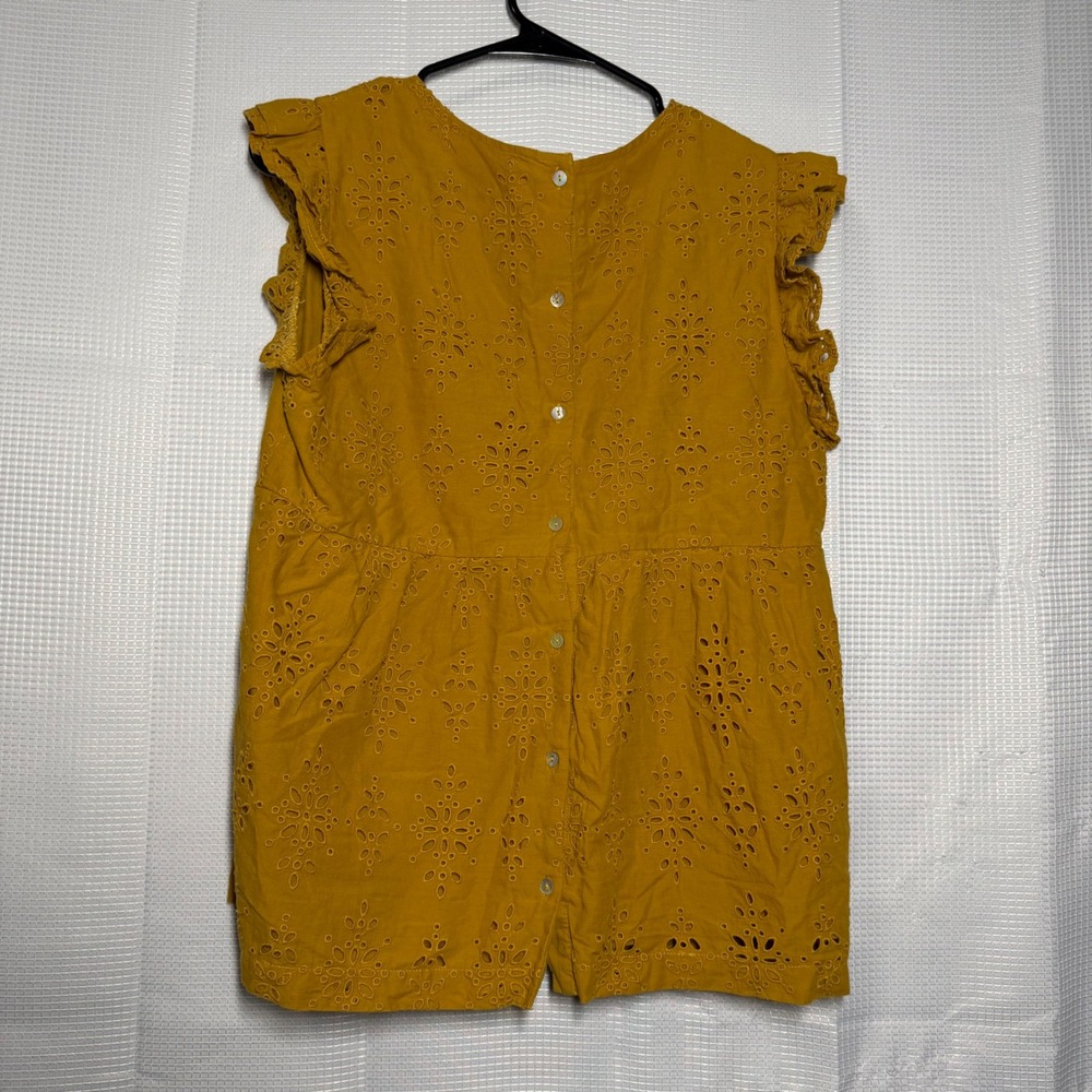 Pale Sky Top Mustard Yellow Cotton‎ Eyelet Ruffle Sleeve Button Back Boho Blouse - Picture 2 of 6